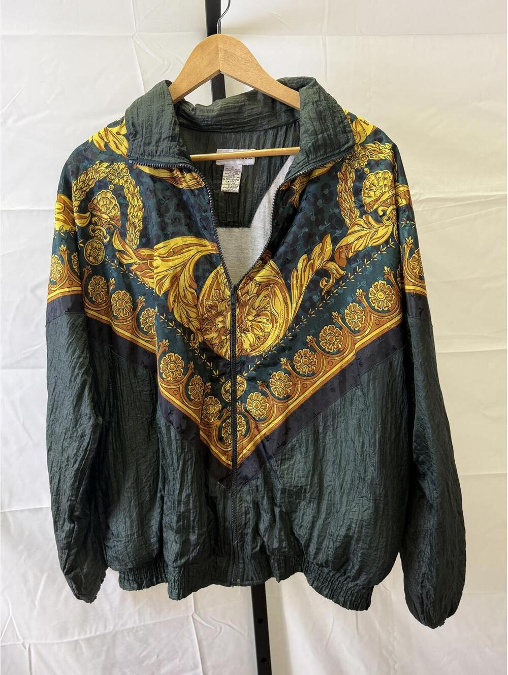 Lauren Brooke Women's XL Windbreaker Jacket with Ornate Gold Pattern Vintage 90s